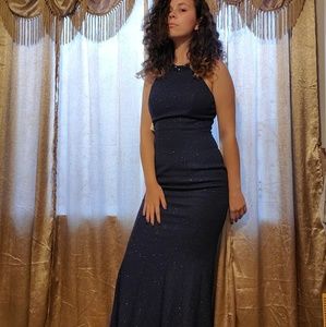 Glittering sapphire beaded evening gown